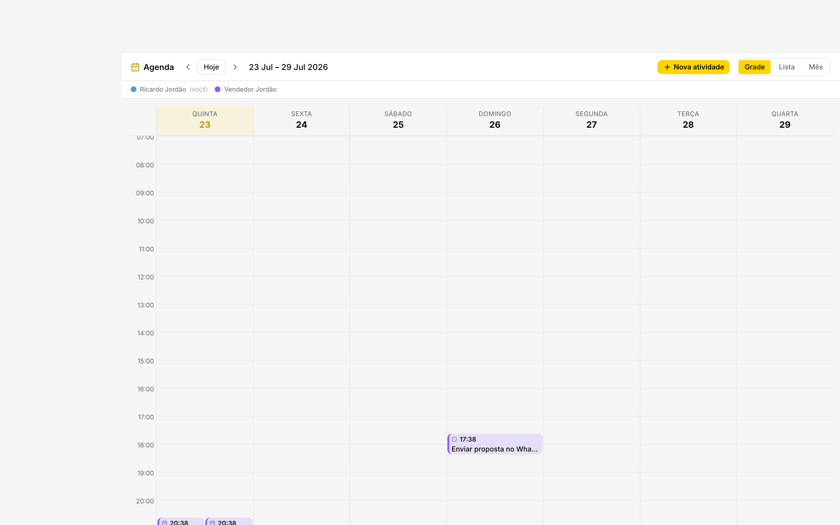 Visão Grade da Agenda com a legenda de cores do time abaixo da barra superior