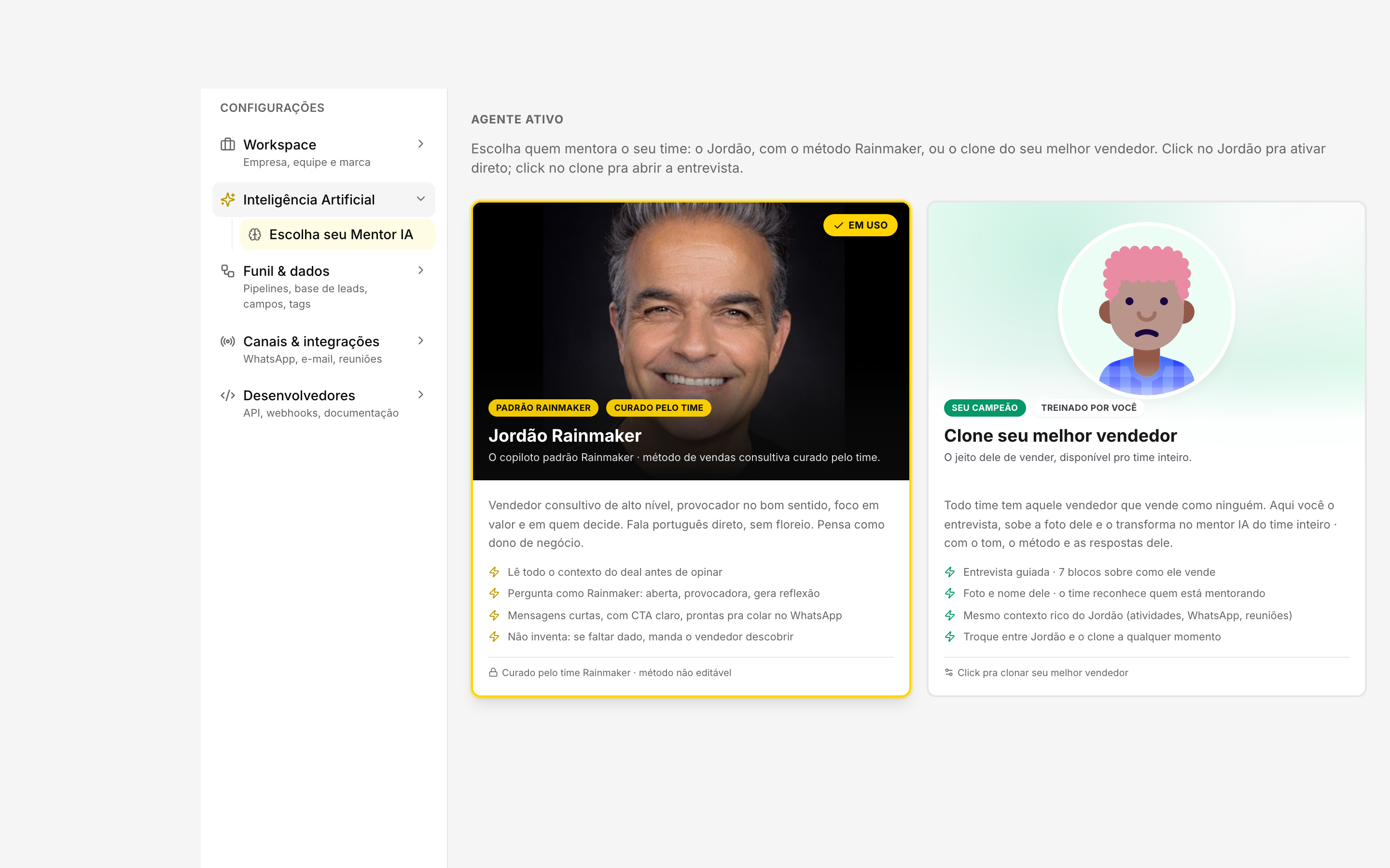 Tela Configurações → IA com as opções de nome, tom e instruções da IA