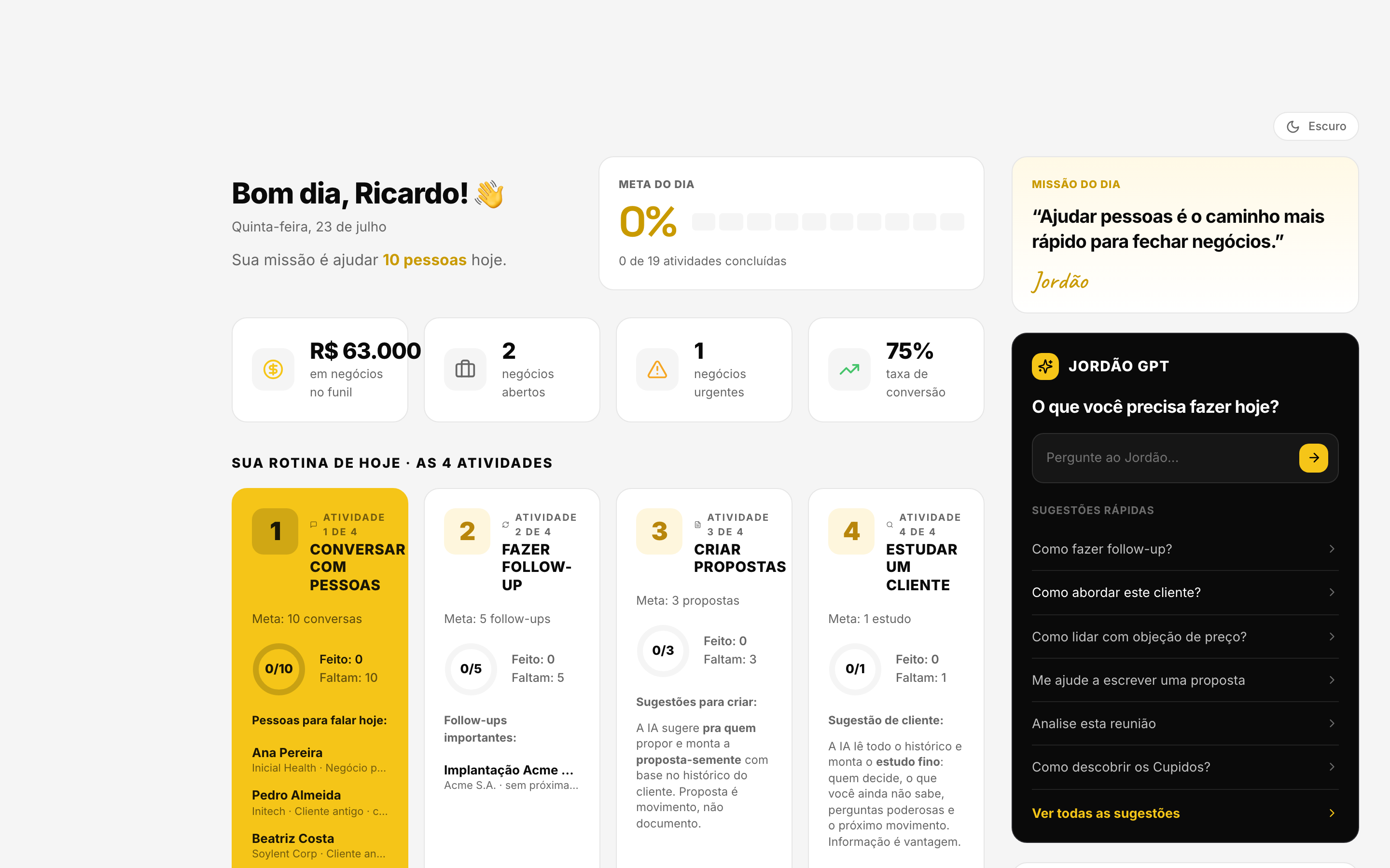 Tela da Missão (onboarding) com os passos do setup inicial