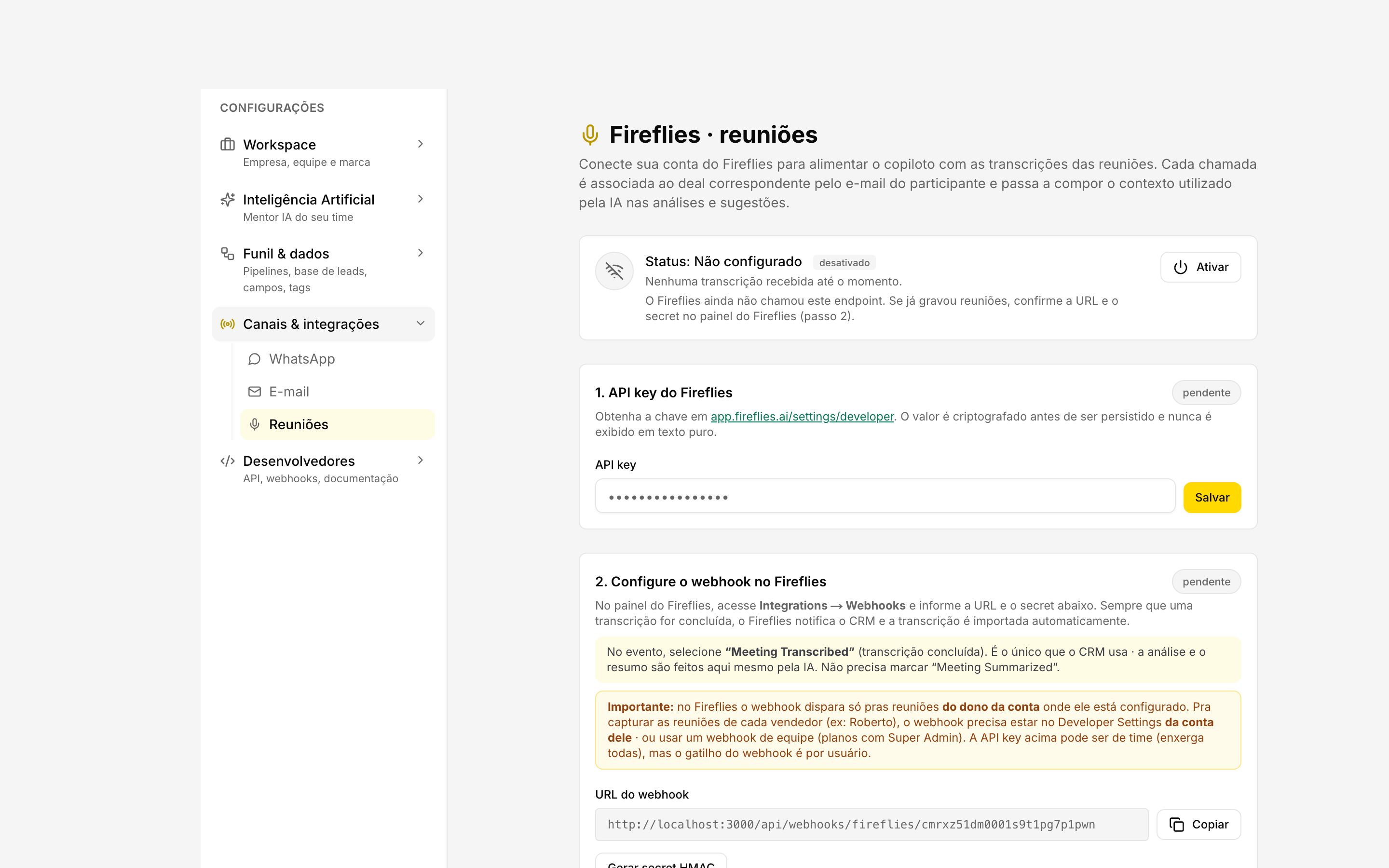 Tela de conexão do Fireflies com o campo de API key, o teste de conexão e a configuração do webhook