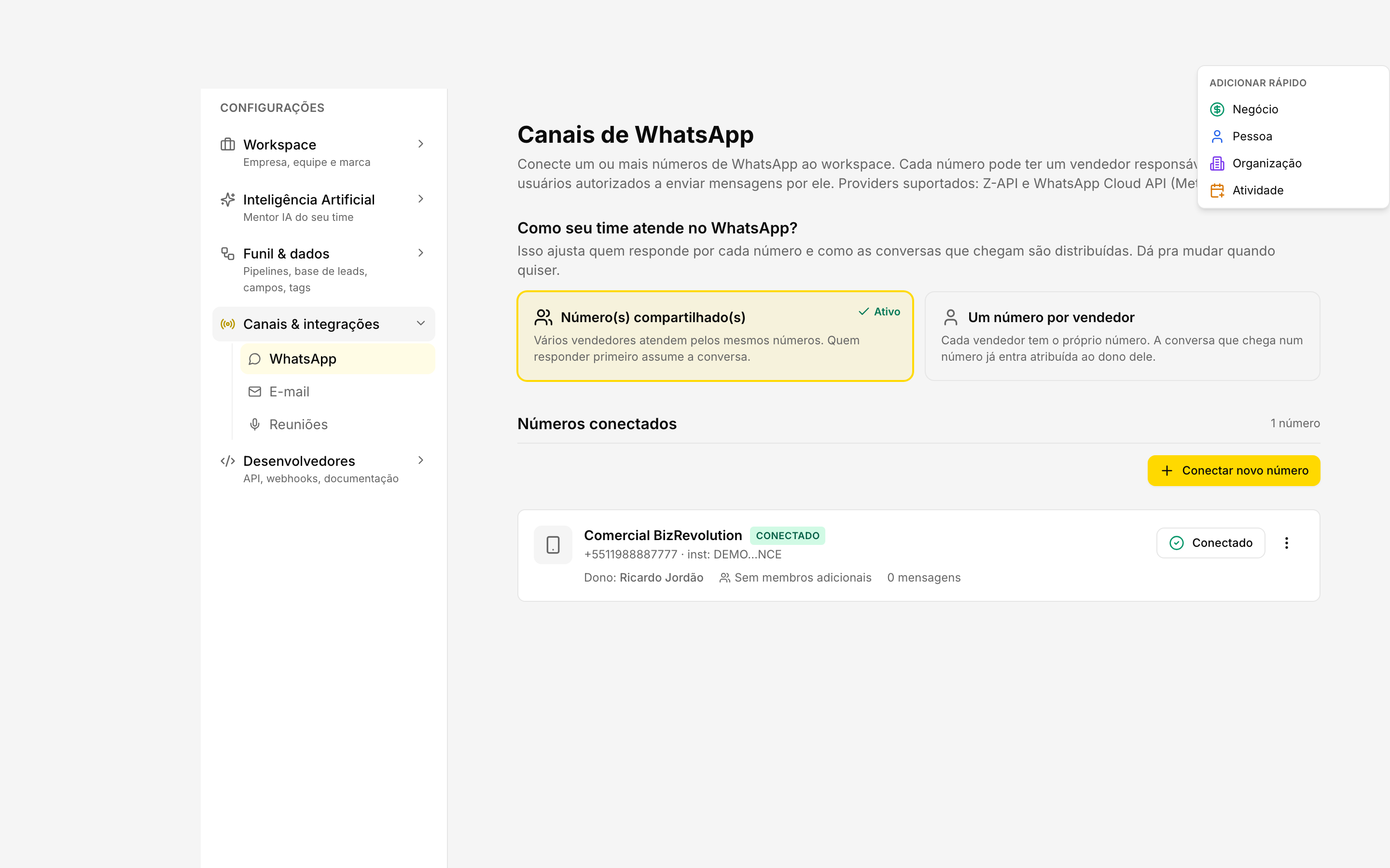 Formulário da Z-API no CRM com os campos Instance ID, Token e Client-Token